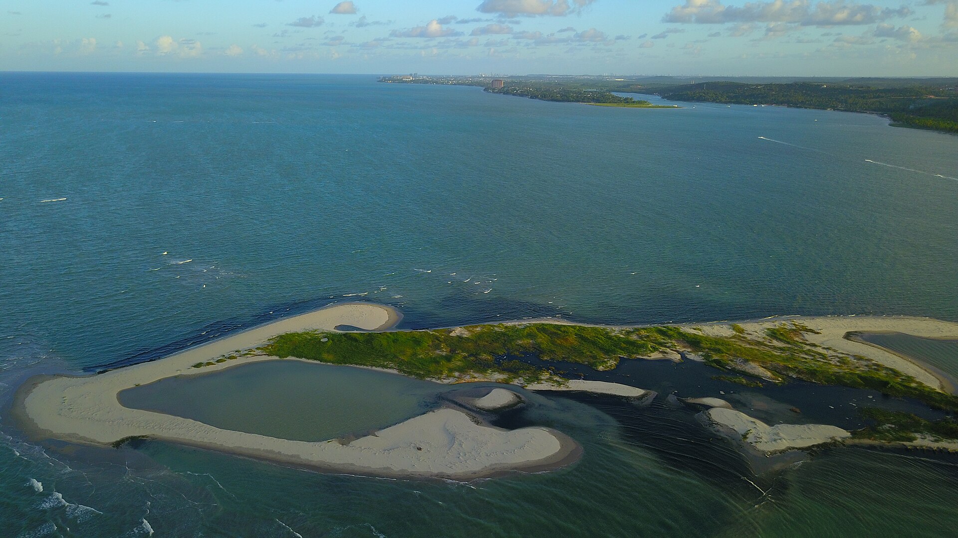 Aerial view of the Coroa do Avião sandbank in the late afternoon